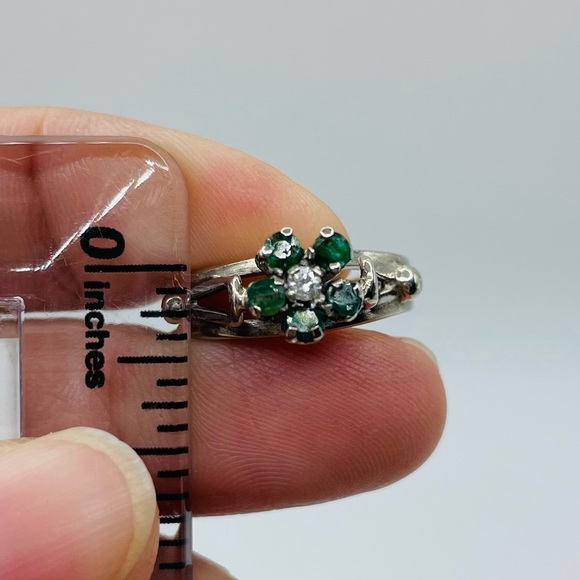Vintage/Antique High Prong Diamond and Green Flower Solid 10k White Gold Ring - Picture 6 of 16